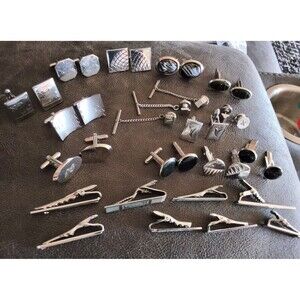Vintage Mens Silver Tone Cufflink Tie Bar Lot Swank Anson MCM Modern